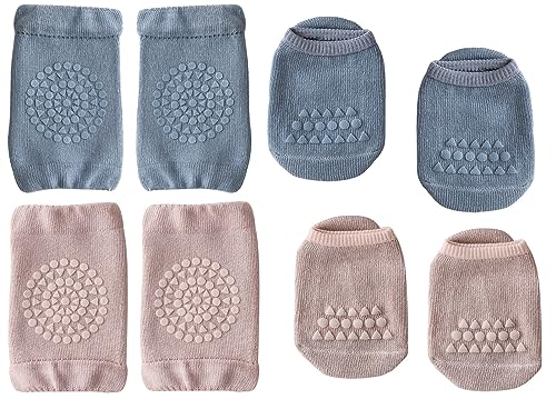 Adigau Baby Krabbeln 2 Paar Baby Knieschoner und 2 Paar Baby Socken mit Gummipunkte Anti-rutsch Baby Krabbelschutz Krabbelhilfe Knieschützer B2 0-12 Monte von Adigau