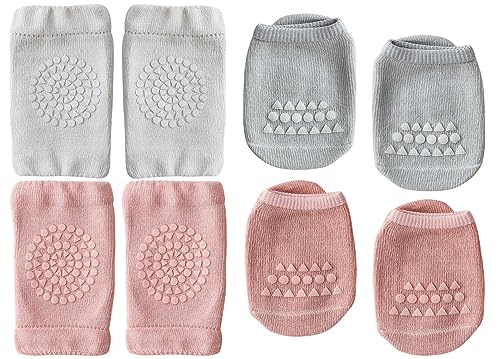 Adigau Baby Krabbeln 2 Paar Baby Knieschoner und 2 Paar Baby Socken mit Gummipunkte Anti-rutsch Baby Krabbelschutz Krabbelhilfe Knieschützer B3 0-12 Monte von Adigau