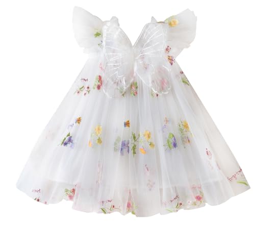Adigau Baby Mädchen Blumenkleider Schmetterling Tüll Sommerkleid Ärmellos Geschichtet Festkleid Weich Leichtgewicht Kleid Weiß 6-12 Monate von Adigau