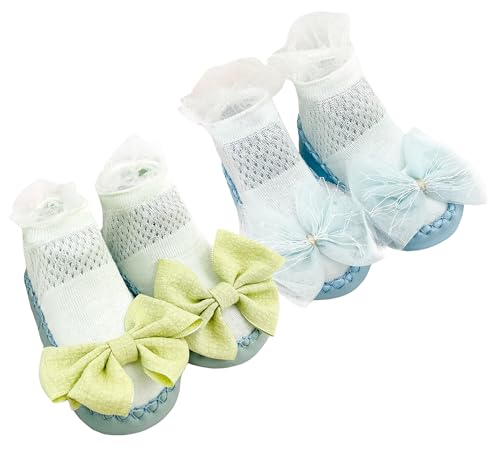 Adigau Baby Socken 2 Paar Anti Rutsch Hüttenschuhe Gefüttert Weicher Stricken Babybodenschuhe Mittlerem Weicher Stricken Schlauch Babysocken für Außenbereiche Blau + Grün 6-12M von Adigau