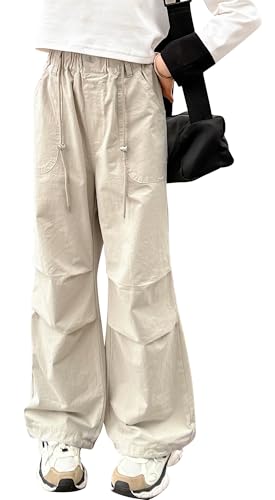 Adigau Baggy Hosen für Mädchen Weites Bein Straight Hose Baumwoll Cargohose Gerades Y2K Damenhosen mit Verstellbarer Elastischer Taille Beige 13-14 Jahre von Adigau
