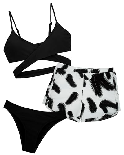 Adigau Bikini Mädchen 3-Teiliger Kinder Bikini Set Top und Bikinihose mit Short Mädchen Bademode Schwimmanzug Hawaiian Badebekleidungsset Set A2 10-11 Jahre von Adigau