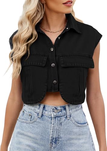 Adigau Damen Ärmellos Denim Weste Locke Jeansjacke Sommer Freizeitwesten mit Taschen Kurz Jeansweste Leichte Sommerjacke Polokragen Denim Jacke Streetwear Schwarz L von Adigau