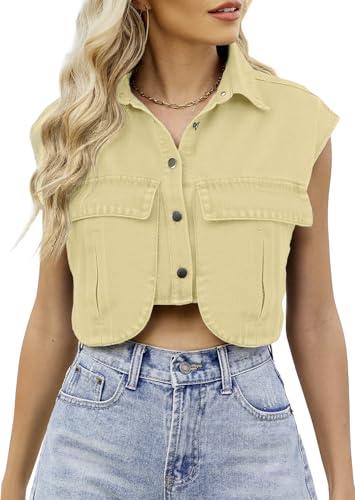 Adigau Damen Ärmellos Jeansweste Kurz Denim Weste Sommer Denim Jacke Polokragen Jeansjacke Locke Freizeitwesten mit Taschen Leichte Sommerjacke Streetwear Khaki S von Adigau