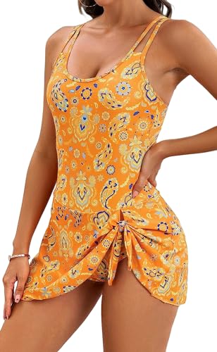 Adigau Damen Badeanzug Bauchweg Bademode V-Ausschnitt Gedrehter Knoten Gepolstertes Schwimmanzug Blumen Strandmode Badekleid mit Shorts Tankini Set mit Hot Pants Sportlich von Adigau