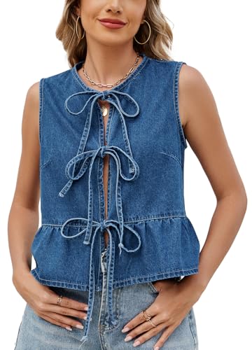 Adigau Damen Denim Weste mit Schnürung vorne Ärmellos Tank Top Rüschensaum Jeansweste Sommer Jeansjacke Vintage Mode Tops Elegant Oberteile Y2K Tanktops Streetwear Blau S von Adigau
