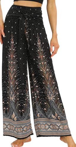 Adigau Damen Elegant Boho Hose Hochtaillierte Weites Bein Freizeithose Vintage Lange Sommerhose Leichte Strandhose Weite Bequem Yogahose Einheitsgröße Pfau Schwarz von Adigau