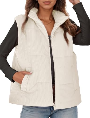 Adigau Damen Elegant Cordweste Leichte Stehkragen Ärmellos Cordjacke Lässig Einfarbig Zipper Winddicht Winterjacke mit Taschen Winter Mittellange Warme Weste Beige M von Adigau