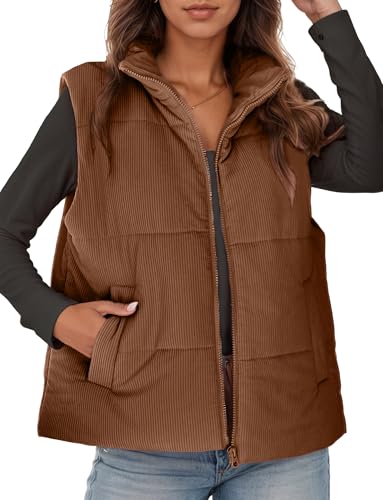 Adigau Damen Elegant Cordweste Leichte Stehkragen Winterjacke Lässig Einfarbig Zipper Winddicht Ärmellos Cordjacke mit Taschen Winter Mittellange Warme Weste Braun XXL von Adigau