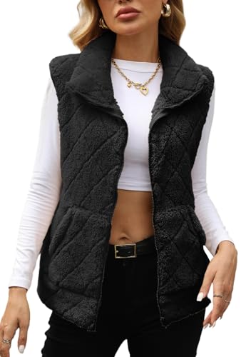 Adigau Damen Elegant Fleece Weste Leicht Ärmellos Winterjacke Bequem Warme Winterweste Einfarbig Weste mit Reißverschluss und Taschen für Winter Herbst Schwarz XL von Adigau