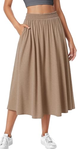 Adigau Damen Elegant Rock Hohe Taille Midirock Einfarbig Freizeitrock mit Taschen Lockerer A-Linien Rock Lang Elastische Taille Plisseerock Kaki S von Adigau
