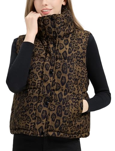 Adigau Damen Elegant Weste Leichte Stehkragen Ärmellos Jacke Lässig Leopardenmuster Zipper Winddicht Winterjacke mit Taschen Winter Kurze Warme Weste Braun XL von Adigau