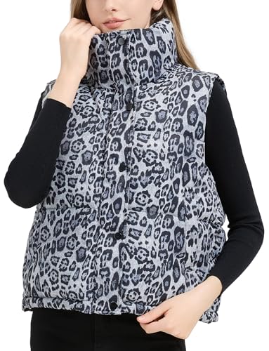 Adigau Damen Elegant Weste Leichte Stehkragen Ärmellos Jacke Winter Kurze Warme Weste Lässig Leopardenmuster Zipper Winddicht Winterjacke mit Taschen Weiß XXL von Adigau
