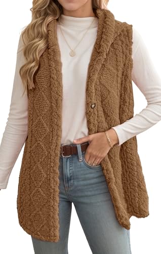 Adigau Damen Elegant Weste Mittellange Winterweste Warme Einfarbige Kapuzenweste Leichte Ärmellos Jacke Lässig Winddicht Winterjacke mit Knöpfen Braun L von Adigau