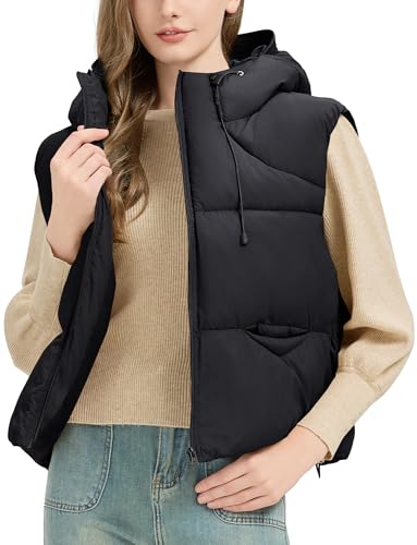 Adigau Damen Elegant Weste Winter Kurze Kapuzenweste Warme Weste Leichte Ärmellos Jacke Lässig Zipper Winddicht Winterjacke mit Taschen Schwarz M von Adigau