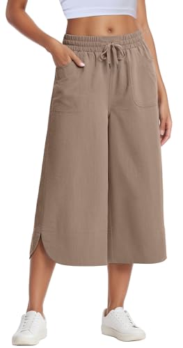 Adigau Damen Freizeithose Lässig 7/8 Sommerhose Weites Bein Hose Leicht Luftige Jogginghose mit Taschen und Kordelzug Elastischer Bund Sporthose Lockere Einfarbig Hosen Khaki XXL von Adigau