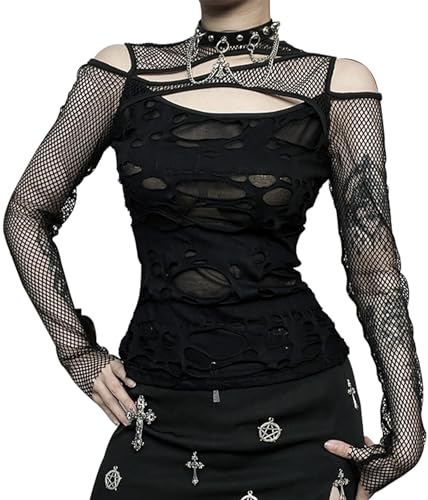 Adigau Damen Gothic Crop Top Mesh Cardigan Steampunk Vintage Metal Retro Sexy Cosplay für Party Oberteil Schulterfrei Tops von Adigau