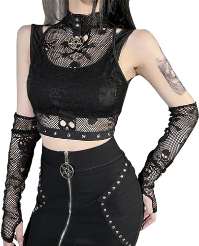 Adigau Damen Gothic Crop Top Mesh Cardigan Steampunk Vintage Metal Retro Sexy Cosplay für Party Oberteil Schulterfrei Tops von Adigau