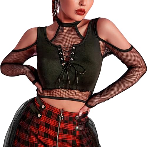 Adigau Damen Gothic Crop Top Mesh Steampunk Vintage Metal Retro Sexy Cosplay für Party Oberteil Schulterfrei Tops geschnürten Bündel Schmetterlingsärmel von Adigau