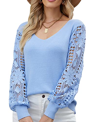 Adigau Damen Hollow Out Spitze Schlägerhülse Pullover V-Ausschnitt Off Shoulder trägerlos Basic Einfarbig Langarmshirt Oberteil Pulli Casual Rundhals Lose Oberteile Elegant von Adigau