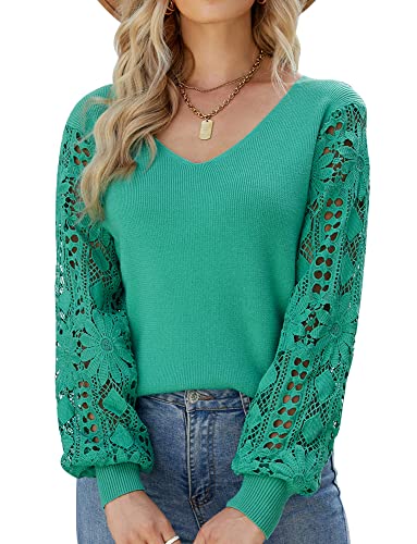 Adigau Damen Hollow Out Spitze Schlägerhülse Pullover V-Ausschnitt Off Shoulder trägerlos Basic Einfarbig Langarmshirt Oberteil Pulli Casual Rundhals Lose Oberteile Elegant von Adigau