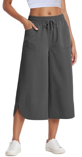 Adigau Damen Hose Weites Bein Jogginghose Lockere Einfarbig Hosen mit Taschen und Kordelzug Lässig 7/8 Sommerhose Elastischer Bund Freizeithose Leicht Luftige Sporthose Grau L von Adigau