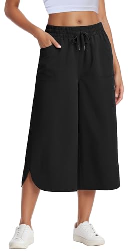 Adigau Damen Hosen Lockere Einfarbig Hose mit Taschen und Kordelzug Elastischer Bund Freizeithose Lässig 7/8 Sommerhose Leicht Luftige Sporthose Weites Bein Jogginghose Schwarz XXL von Adigau