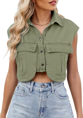 Adigau Damen Jeansweste Ärmellos Denim Jacke Kurz Denim Weste Sommer Jeansjacke mit Taschen Leichte Sommerjacke Locke Polokragen Freizeitwesten Streetwear Armeegrün L von Adigau