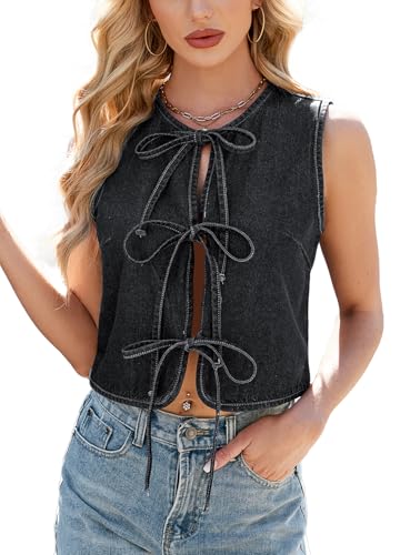 Adigau Damen Jeansweste mit Schnürung Vorne Denim Weste Ärmellos Rundhalsausschnitt Tank Top Sommer Oberteile Vintage Mode Tops Elegant Jeansjacke Y2K Tanktops Streetwear Dunkelgrau S von Adigau