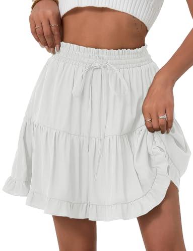 Adigau Damen Kurz Faltenrock Hohe Taille Rock Sommer Minirock mit Shorts Elegant Rüschenrock Sexy Sommerrock A Linie Strandrock Einfarbig Stretch Freizeitrock Weiß S von Adigau