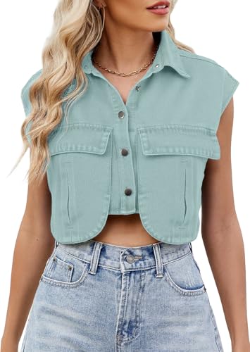 Adigau Damen Kurz Jeansjacke Jeansweste mit Taschen Ärmellos Denim Weste Sommer Denim Jacke Leichte Sommerjacke Locke Polokragen Freizeitwesten Streetwear Lake Blue M von Adigau