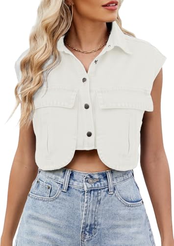 Adigau Damen Kurz Jeansjacke Locke Jeansweste Ärmellos Denim Weste Sommer Denim Jacke mit Taschen Leichte Sommerjacke Polokragen Freizeitwesten Streetwear Weiß S von Adigau