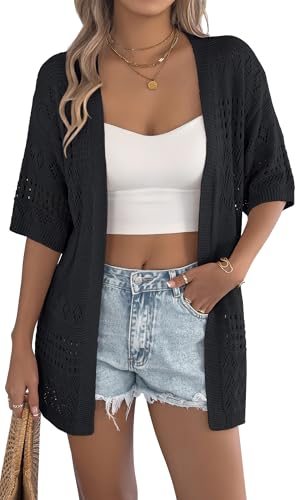 Adigau Damen Kurzarm Hohle Strickjacke Sommer Cardigan Atmungsaktiv Lockere Oberteile Leicht Lässig Strickjacken Elegant Sommerjacke Frühling und Herbst Urlaub Schwarz M von Adigau