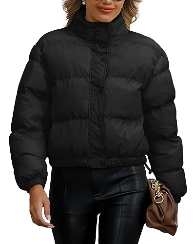 Adigau Damen Kurze Baumwolle Jacke Winterjacke Cropped Puffer Jacke Einfarbige Langarm hoher Hals warme lässige Wintermantel Baumwollmantel Taschen Baumwollmantel von Adigau