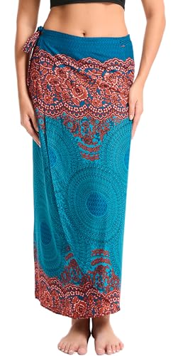 Adigau Damen Lang Gedruckter Rock 2 in 1 Wickelrock Oder Trägerkleid Bohemien Wickelrock Vintage Leichte Strandrock Elegante Sommer Maxirock Einheitsgröße Mittelmeergrün von Adigau