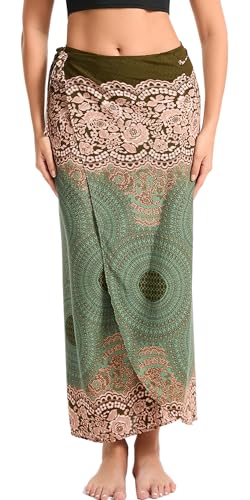 Adigau Damen Lang Gedruckter Rock Bohemien Wickelrock 2 in 1 Wickelrock Oder Trägerkleid Vintage Leichte Strandrock Elegante Sommer Maxirock Einheitsgröße Dunkelgrün von Adigau