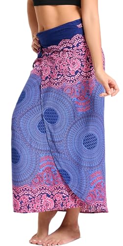 Adigau Damen Lang Gedruckter Rock Bohemien Wickelrock Elegante Sommer Maxirock Vintage Leichte Strandrock 2 in 1 Wickelrock Oder Trägerkleid Einheitsgröße Saphirblau von Adigau