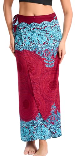 Adigau Damen Lang Gedruckter Rock Elegante Sommer Maxirock Bohemien Wickelrock Vintage Leichte Strandrock 2 in 1 Wickelrock Oder Trägerkleid Einheitsgröße Weinrot von Adigau