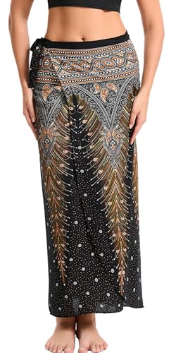 Adigau Damen Lang Gedruckter Rock Vintage Leichte Strandrock Bohemien Wickelrock Elegante Sommer Maxirock 2 in 1 Wickelrock Oder Trägerkleid Einheitsgröße Pfauen Schwarz von Adigau
