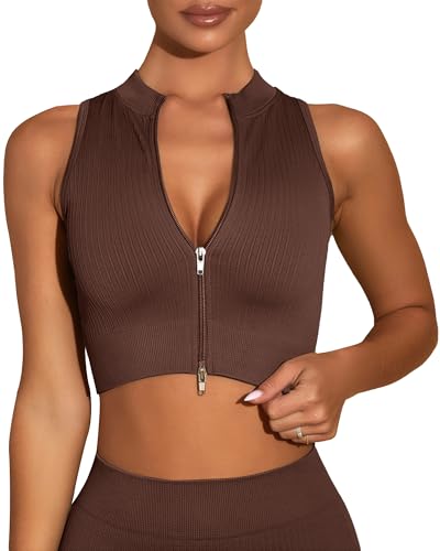 Adigau Damen Laufshirt Bequeme Sport Tank Top Ärmellos Reißverschluss Fitness Oberteile Leichte Yoga Shirt Atmungsaktive Sportoberteil Slim Fit Sportshirt Elegante Sportbekleidung Braun M von Adigau