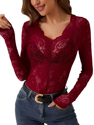 Adigau Damen Mesh Oberteil Spitze Langarm Sexy Netzshirt Durchsichtiges Blumenmuster Top mit V Ausschnitt Burgunderrot S Adigau Damen Mesh Oberteil Spitze Langarm Sexy Netzshirt Durchsichtiges Blumenmuster Top mit V Ausschnitt Burgunderrot S von Adigau