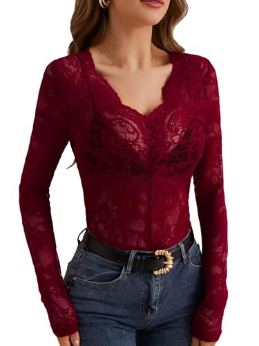 Adigau Damen Mesh Spitze Tops See Through Slim Clubwear Oberteil V Neck Y2K Floral Langarm Bluse Burgunderrot L von Adigau