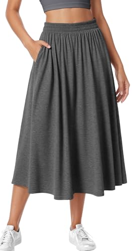 Adigau Damen Midirock Elegant Hohe Taille Rock Einfarbig Freizeitrock mit Taschen Lang Elastische Taille Plisseerock Lockerer A-Linien Rock Dunkelgrau XXL von Adigau