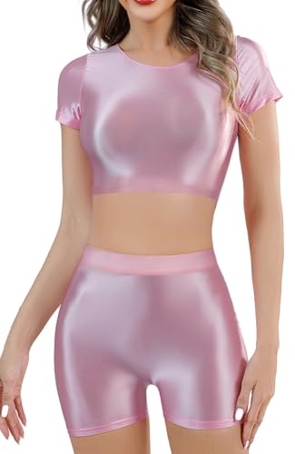 Adigau Damen Öl Glänzende Dessous Set 2 Stück Kurzarm Glossy Bodycon Crop Top und Shorts Set Einfarbig Stretch Outfit Clubwear Rosa XL von Adigau