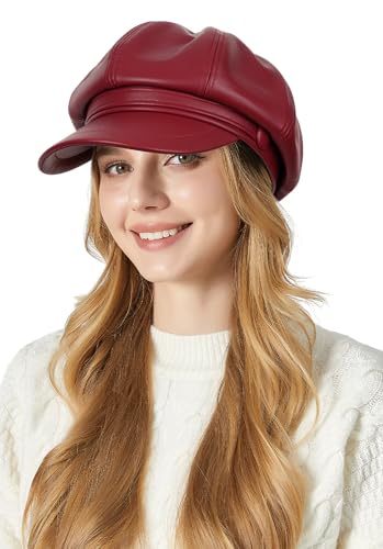 Adigau Damen Pu-Leder Mütze Einfarbige Casual Newsboy Mütze Elegante Baskenmütze Vintage Achteckiger Hut Einheitsgröße Frühling Herbst Winter Rot von Adigau