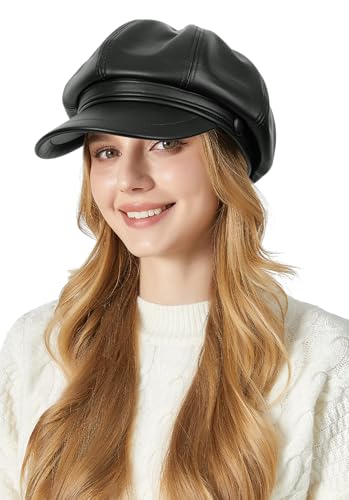 Adigau Damen Pu-Leder Mütze Vintage Achteckiger Hut Elegante Baskenmütze Einfarbige Casual Newsboy Mütze Einheitsgröße Frühling Herbst Winter Schwarz von Adigau