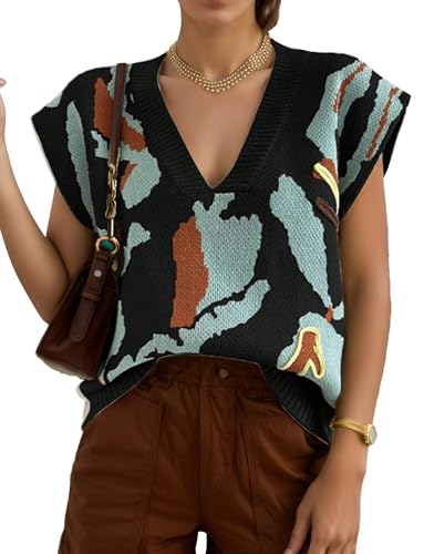 Adigau Damen Pullunder Ärmellos V-Ausschnitt Strickweste Casual Herbst Winter Einfarbig Strickpullover Feinstrick Mode Weste Schwarz XL von Adigau