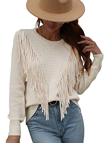 Adigau Damen Quaste Strickpullover Rundhalsausschnitt Cowboy Style Einfarbig Oberteile Tops Elegant Pullover Langarm Grobstrick Sweater Sweatshirt von Adigau