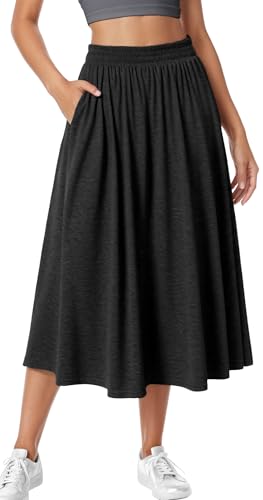 Adigau Damen Rock Lang Elastische Taille Plisseerock Elegant Hohe Taille Midirock Einfarbig Freizeitrock mit Taschen Lockerer A-Linien Rock Schwarz S von Adigau