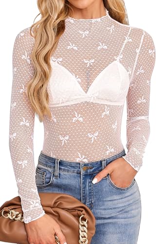 Adigau Damen Sexy Oberteil Spitzen Bluse Elegant Durchsichtige Langarmshirt Transparentes Spitzenshirt Schleifenmuster Netzoberteil Sexy Sheer Mesh T Shirt Party Outfit Clubwear Weiß M von Adigau